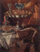 unknow artist Still life of a wine glass and bottle in a parcel gilt tazza together with a glass decanter on a pewter dish upon a draped tabletop china oil painting artist